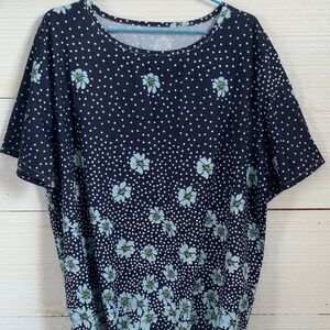 Woman's Navy Blue and White Polka Dot with Flowers Blouse. Size 1XL.